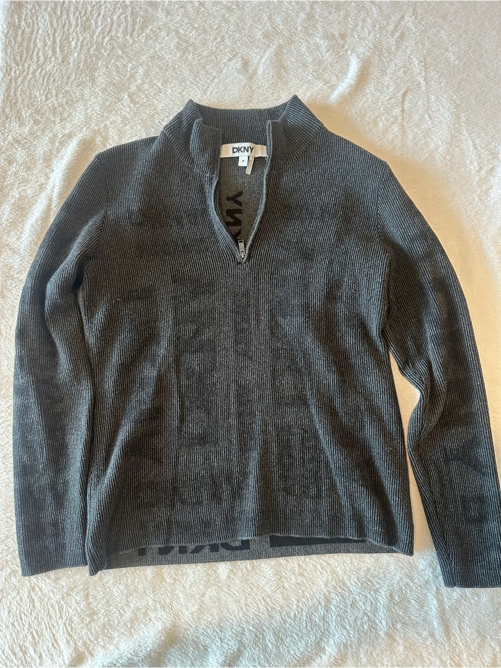 DKNY Charcoal Zip-Neck Rib Knit Sweater
